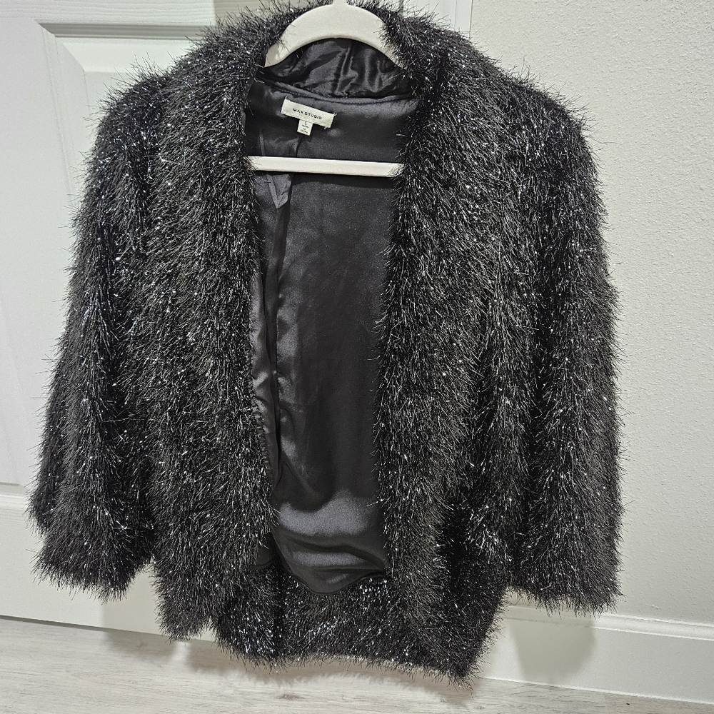 Max Studio Black Shimmer Teddy Jacket